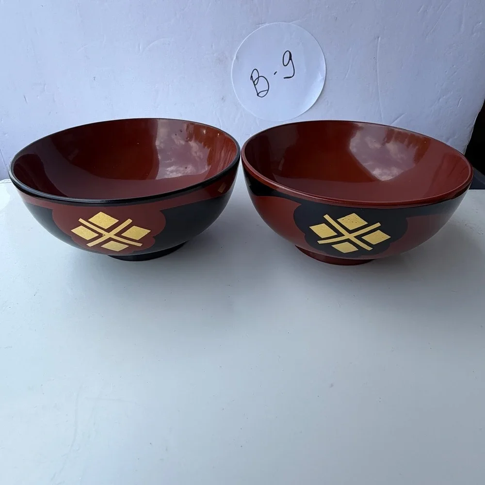 Set of 2 Japanese Lacquerware Soup Bowls Red Black Gold Motif B-9
